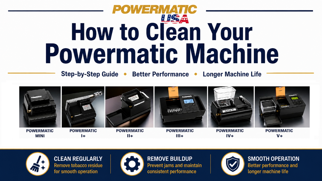How to Clean Your Powermatic Machine maintenance guide for Powermatic Mini, I+, II+, III+, IV+, and V+ cigarette injector machines.