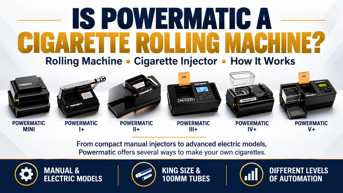 Powermatic cigarette rolling machine guide showing manual and electric Powermatic cigarette injector models
