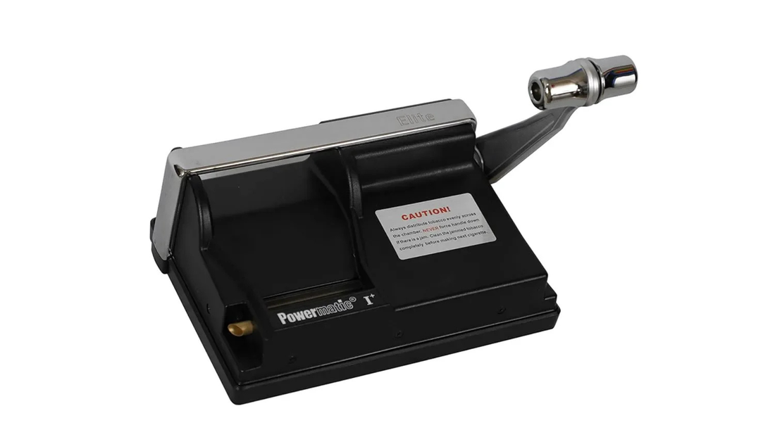 Powermatic 1+ manual cigarette injector with pull-down handle, featured in a 2026 review covering its design, features, benefits, and King Size and 100mm tube compatibility.