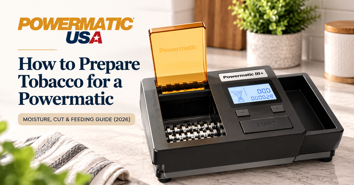 Powermatic III+ cigarette injector machine featured in a guide about preparing tobacco for consistent feeding.