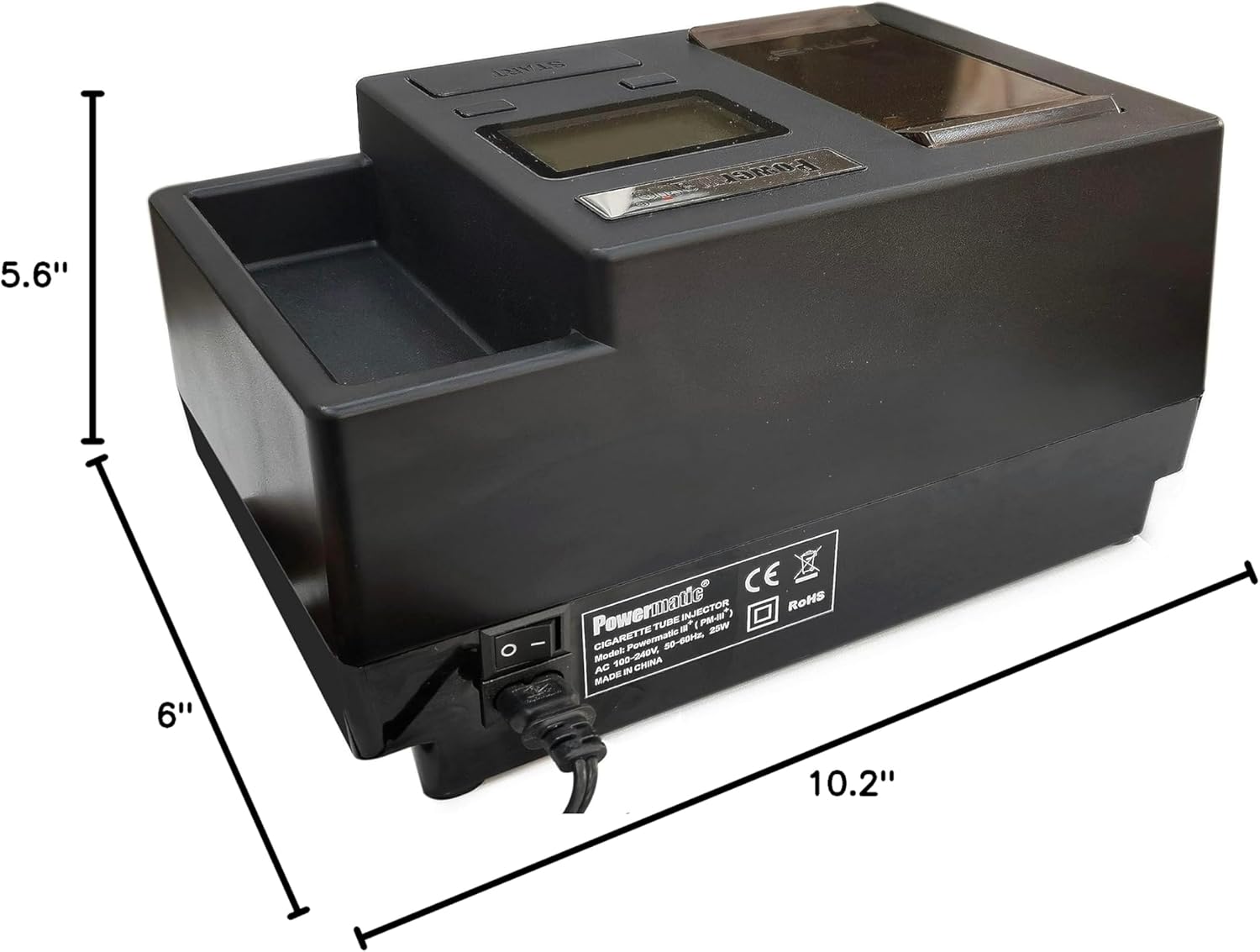 Powermatic 3 Plus electric cigarette injector machine dimensions and size guide