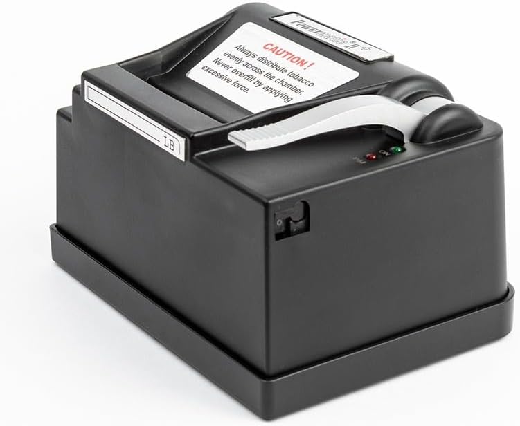 Angled side view of Powermatic 2 Plus electric cigarette injector machine with lever handle and injection chamber