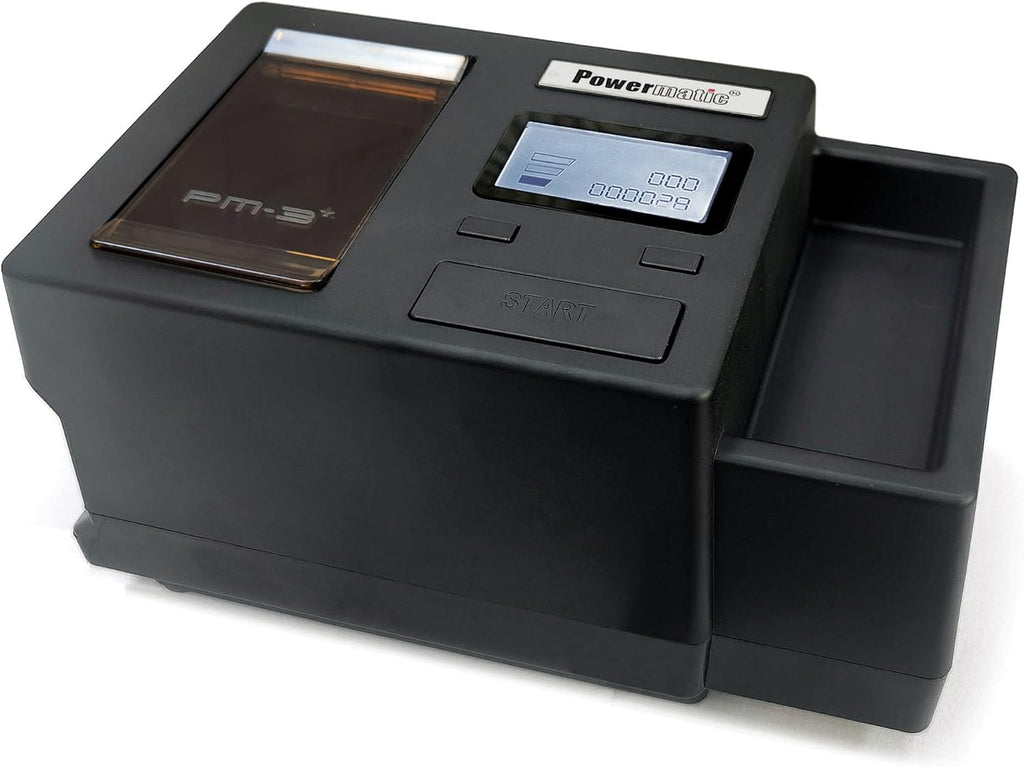 Front angle view of Powermatic 3 Plus electric cigarette injector machine with digital display on white background