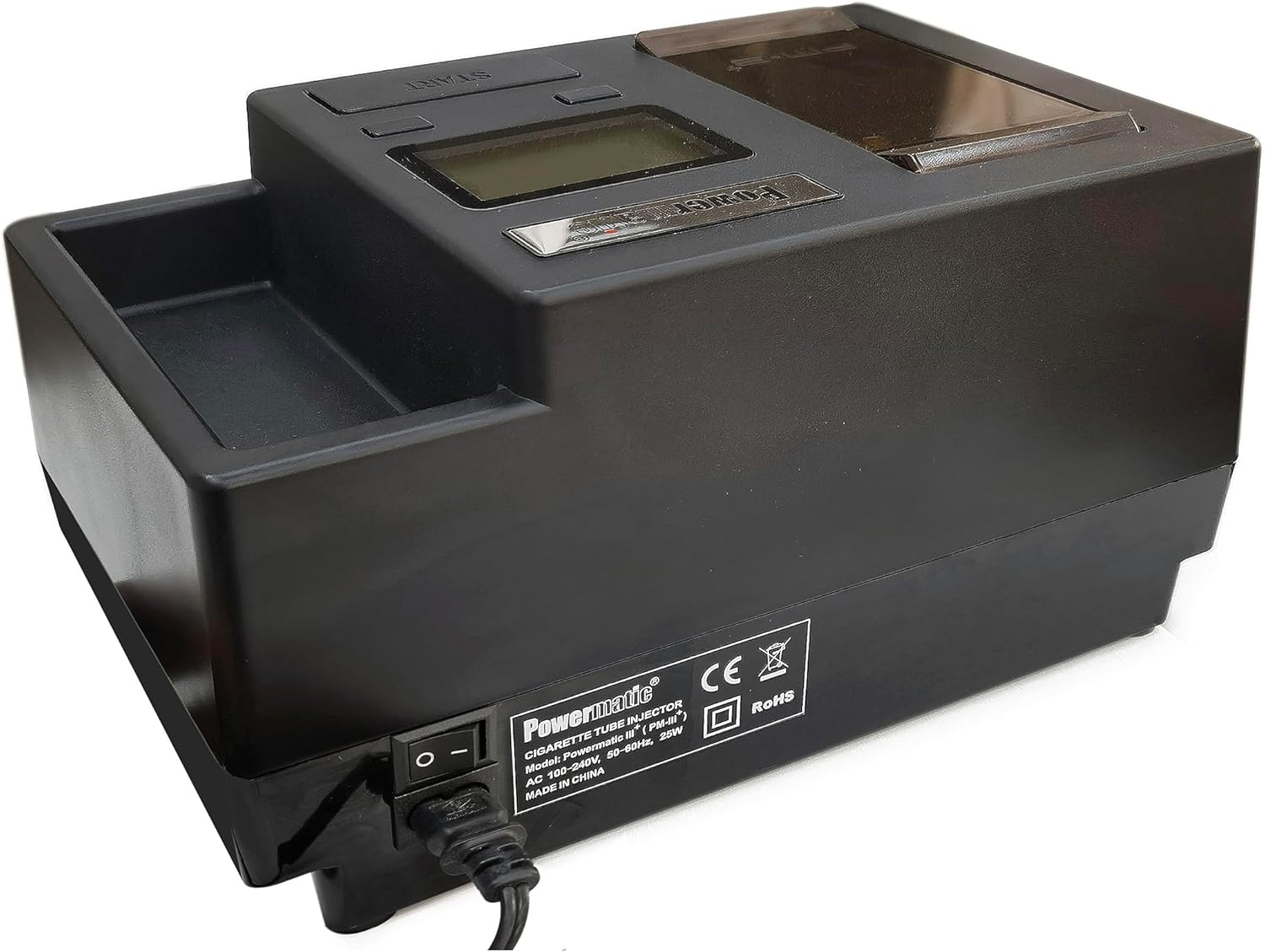 Rear angle view of Powermatic 3 Plus electric cigarette injector machine with digital display on white background