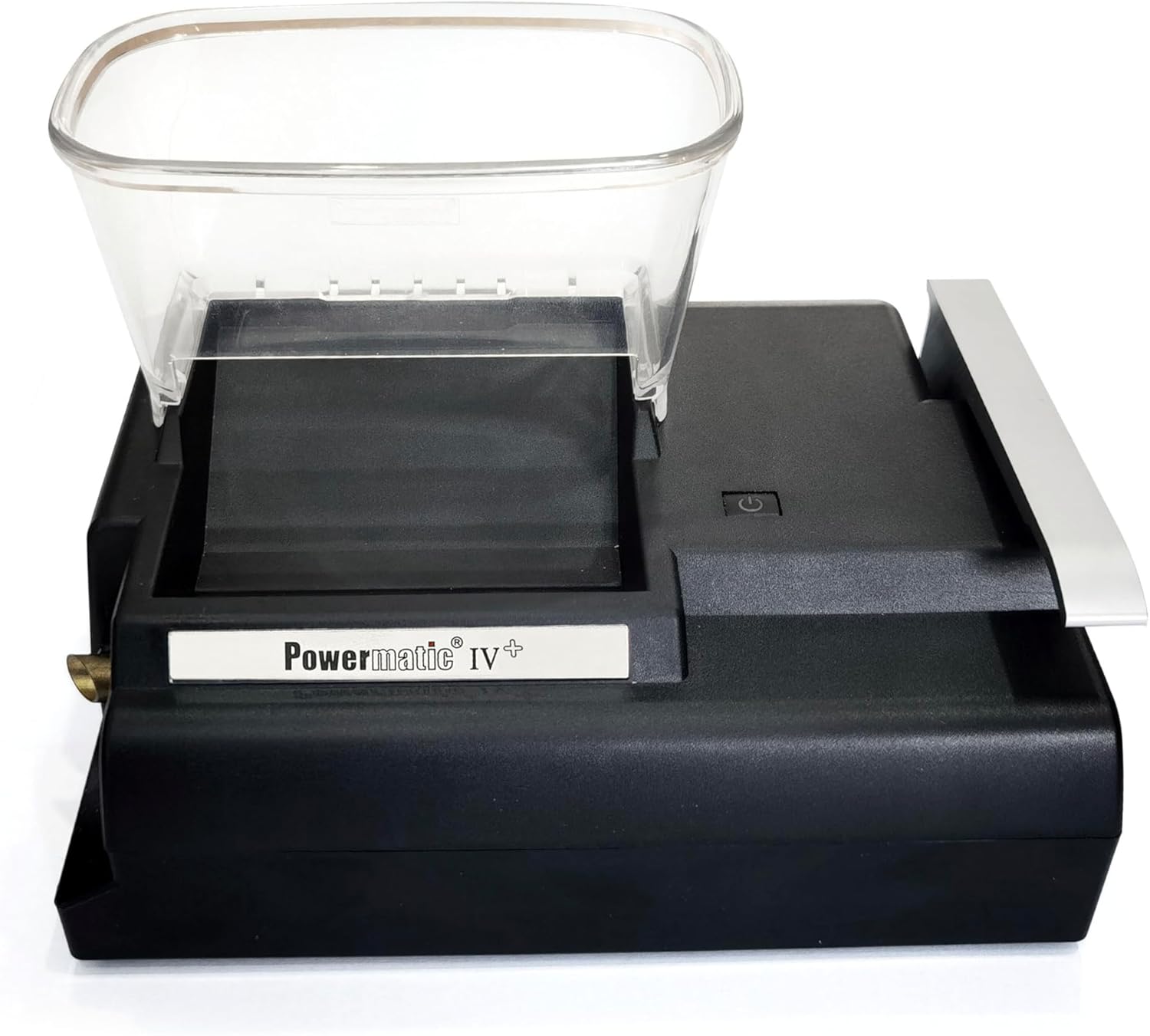 Front view of Powermatic 4 Plus electric cigarette injector machine with clear hopper on white background