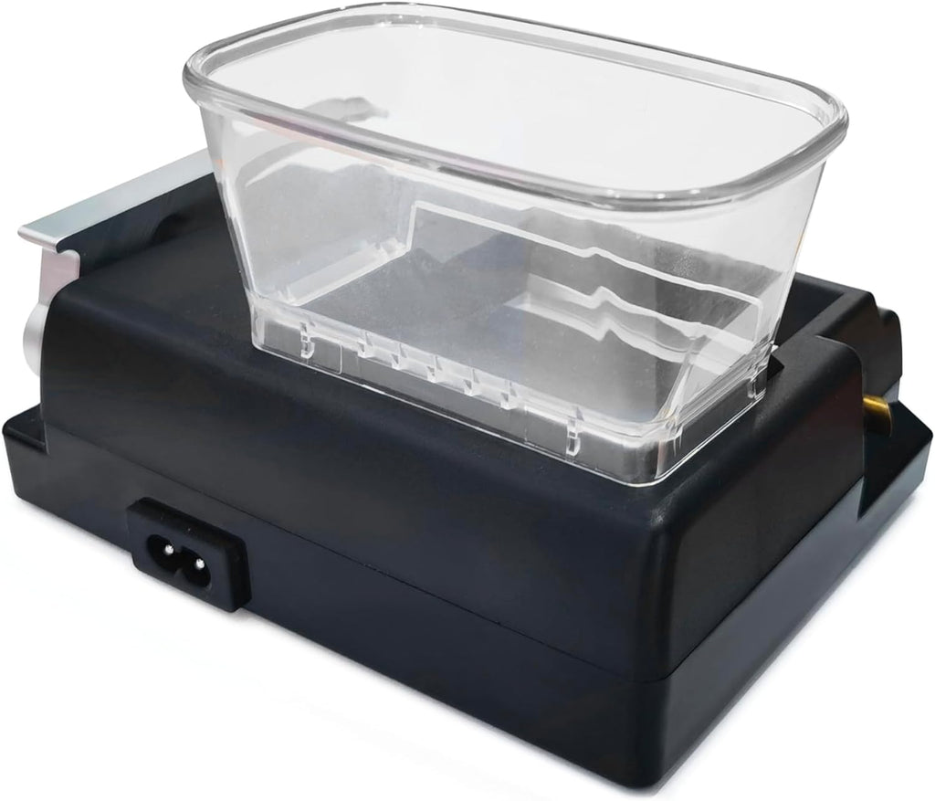 Rear back view of Powermatic 4 Plus electric cigarette injector machine with clear hopper