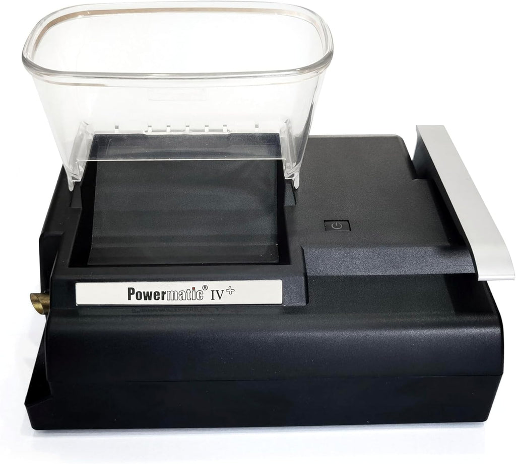Front view of Powermatic 4 Plus electric cigarette injector machine with hopper on white background