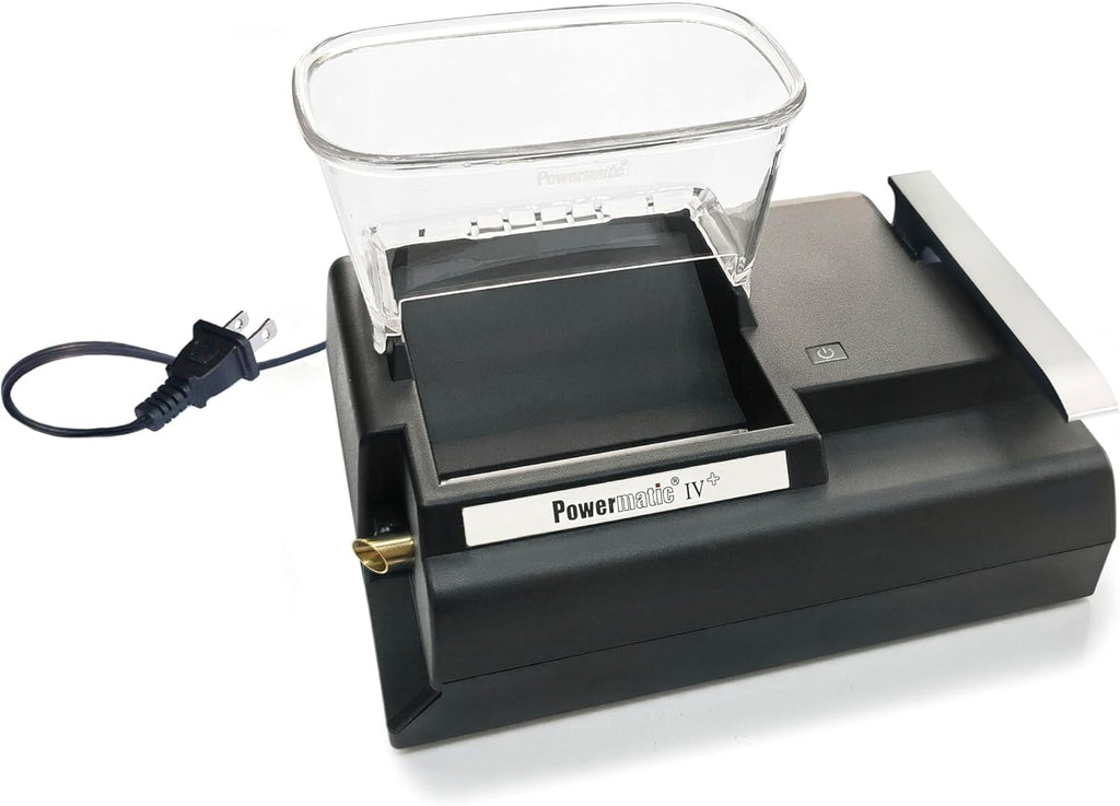 Powermatic 4 Plus electric cigarette injector machine with clear hopper and power cord on white background