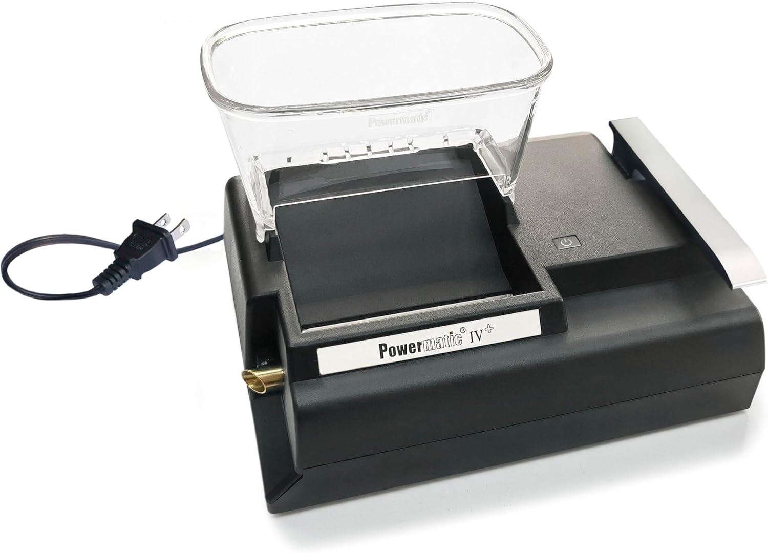Powermatic 4 Plus electric cigarette injector machine with clear hopper and power cord on white background