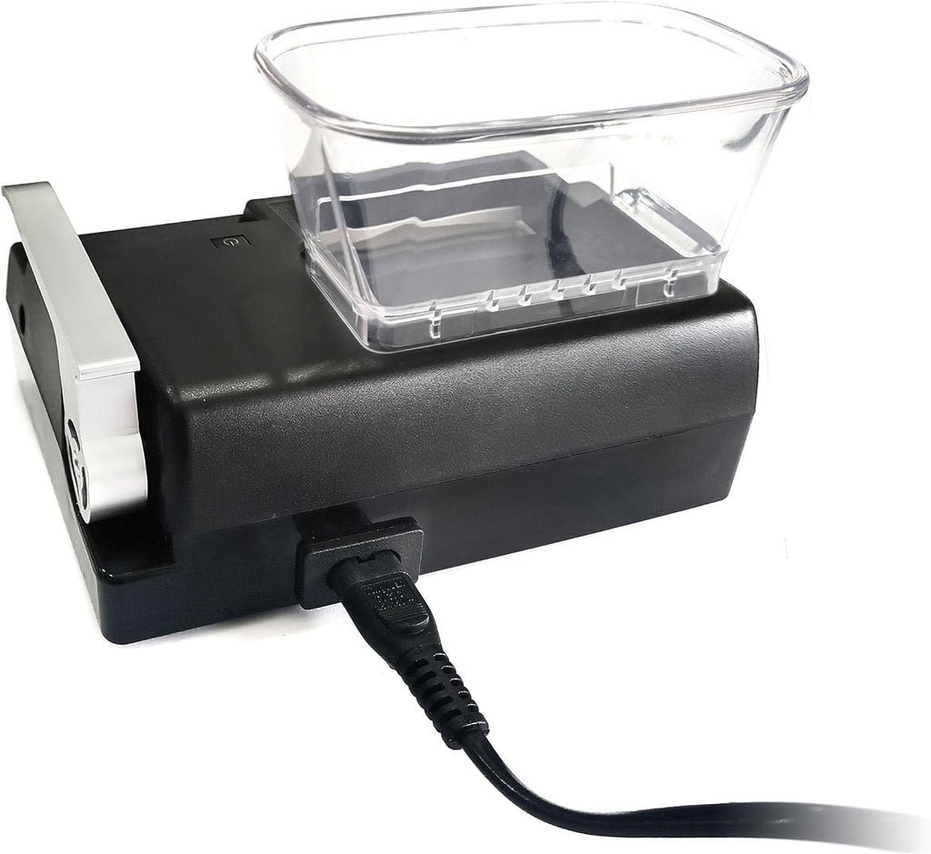 Rear angle view of Powermatic 4 Plus electric cigarette injector machine with hopper and power cord