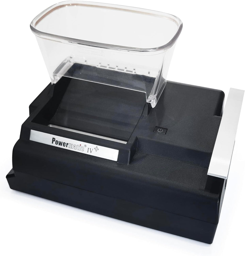 Side angle view of Powermatic 4 Plus electric cigarette injector machine with clear hopper on white background